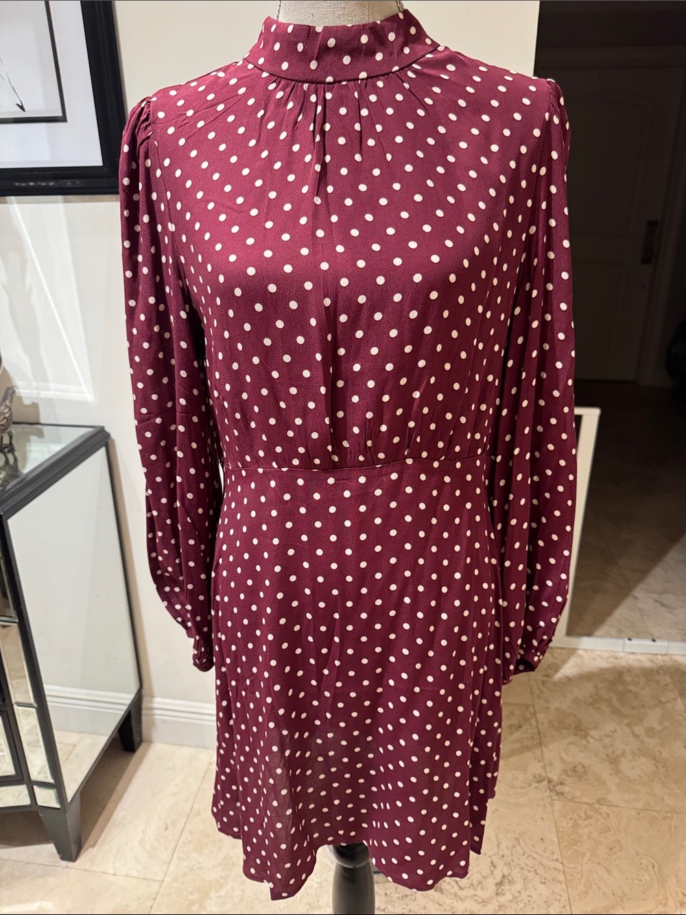 Polka Dot Long-Sleeve A-Line Dress in Burgundy